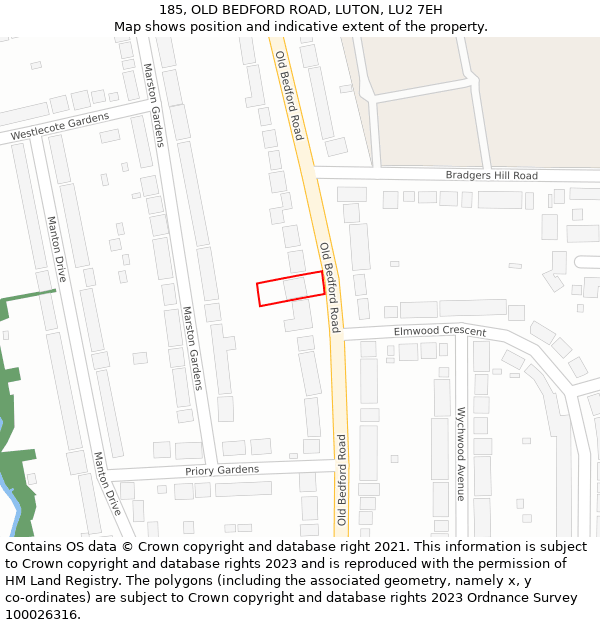 185, OLD BEDFORD ROAD, LUTON, LU2 7EH: Location map and indicative extent of plot