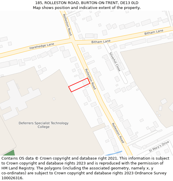 185, ROLLESTON ROAD, BURTON-ON-TRENT, DE13 0LD: Location map and indicative extent of plot