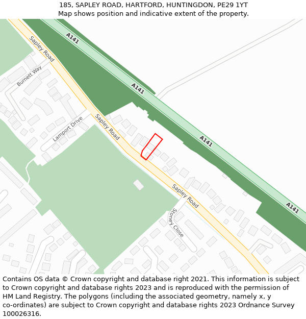 185, SAPLEY ROAD, HARTFORD, HUNTINGDON, PE29 1YT: Location map and indicative extent of plot