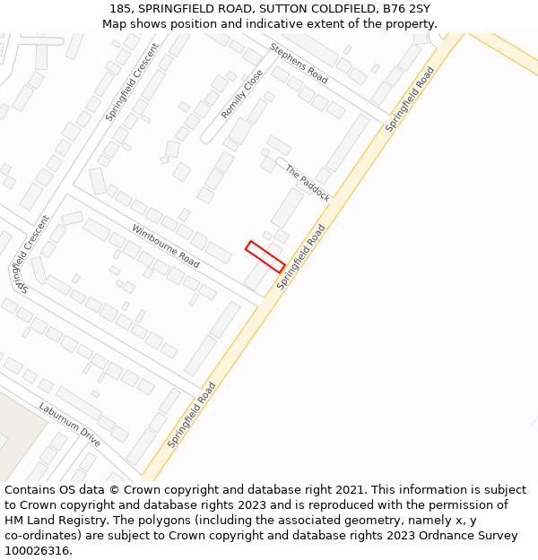 185, SPRINGFIELD ROAD, SUTTON COLDFIELD, B76 2SY: Location map and indicative extent of plot