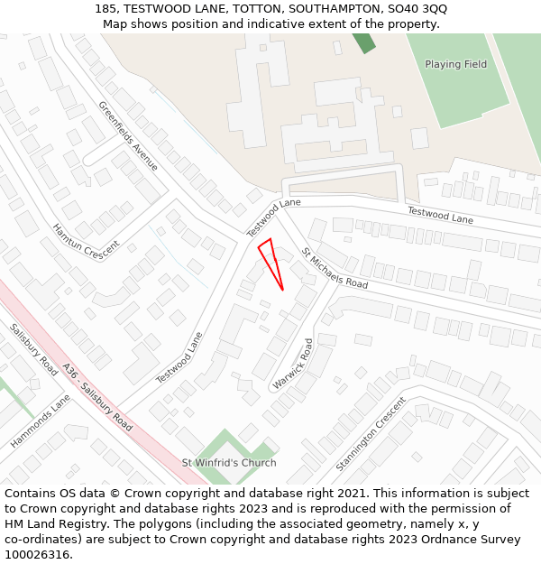 185, TESTWOOD LANE, TOTTON, SOUTHAMPTON, SO40 3QQ: Location map and indicative extent of plot