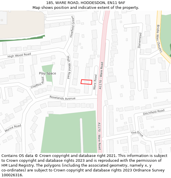 185, WARE ROAD, HODDESDON, EN11 9AF: Location map and indicative extent of plot