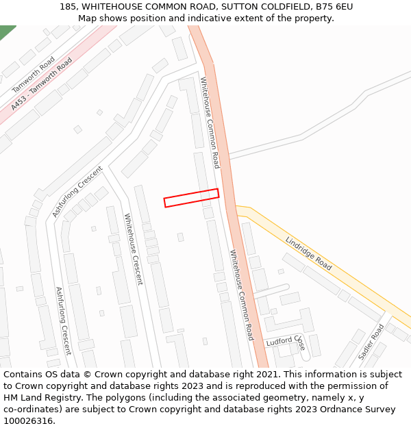 185, WHITEHOUSE COMMON ROAD, SUTTON COLDFIELD, B75 6EU: Location map and indicative extent of plot