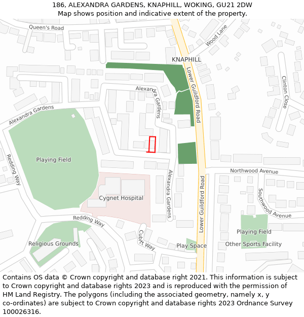 186, ALEXANDRA GARDENS, KNAPHILL, WOKING, GU21 2DW: Location map and indicative extent of plot