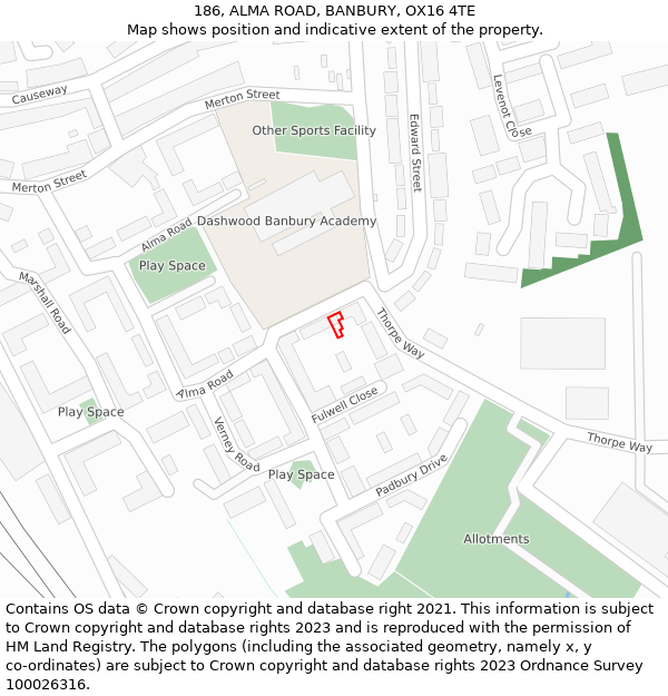 186, ALMA ROAD, BANBURY, OX16 4TE: Location map and indicative extent of plot