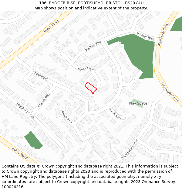 186, BADGER RISE, PORTISHEAD, BRISTOL, BS20 8LU: Location map and indicative extent of plot