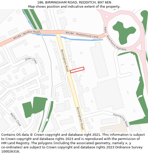 186, BIRMINGHAM ROAD, REDDITCH, B97 6EN: Location map and indicative extent of plot