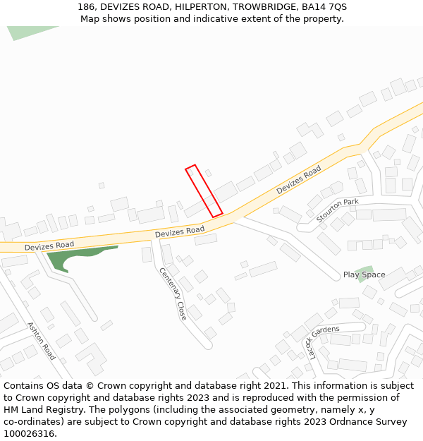 186, DEVIZES ROAD, HILPERTON, TROWBRIDGE, BA14 7QS: Location map and indicative extent of plot