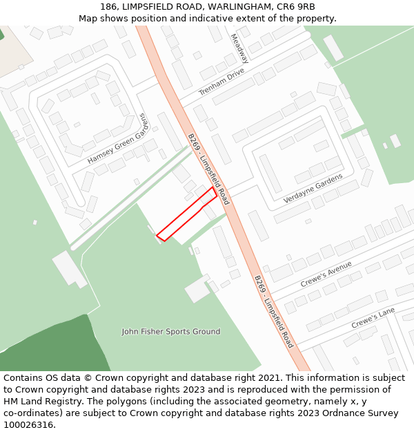 186, LIMPSFIELD ROAD, WARLINGHAM, CR6 9RB: Location map and indicative extent of plot