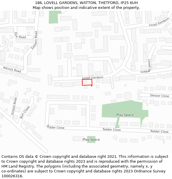 186, LOVELL GARDENS, WATTON, THETFORD, IP25 6UH: Location map and indicative extent of plot