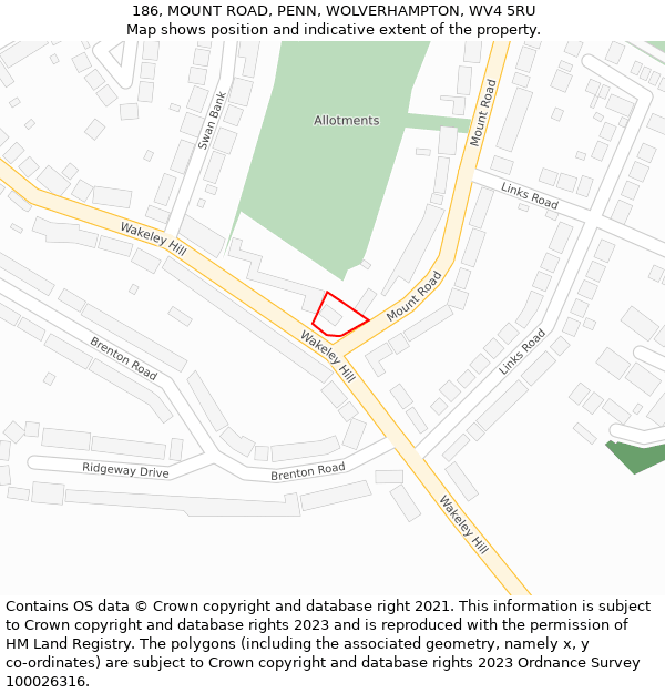 186, MOUNT ROAD, PENN, WOLVERHAMPTON, WV4 5RU: Location map and indicative extent of plot