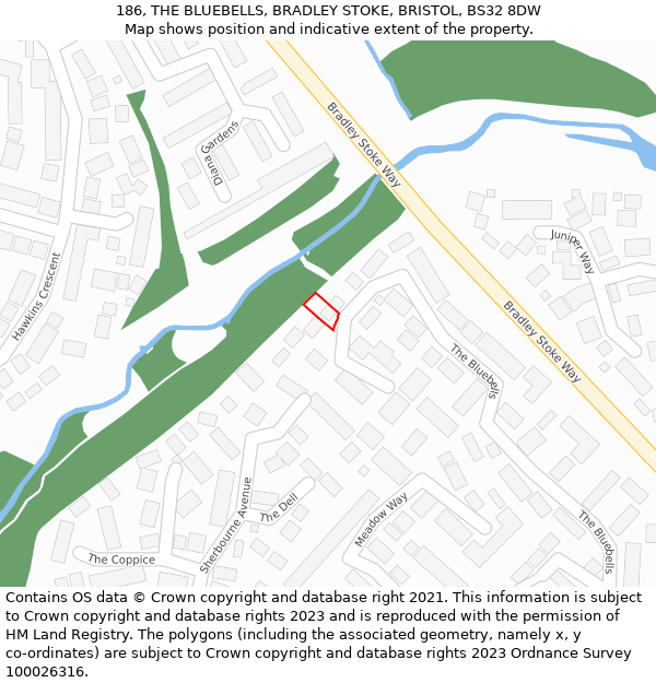 186, THE BLUEBELLS, BRADLEY STOKE, BRISTOL, BS32 8DW: Location map and indicative extent of plot