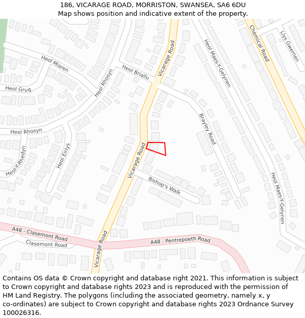 186, VICARAGE ROAD, MORRISTON, SWANSEA, SA6 6DU: Location map and indicative extent of plot