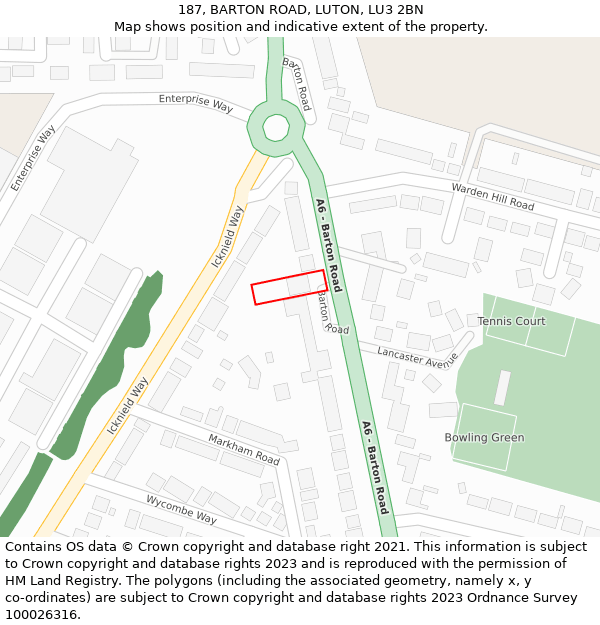 187, BARTON ROAD, LUTON, LU3 2BN: Location map and indicative extent of plot