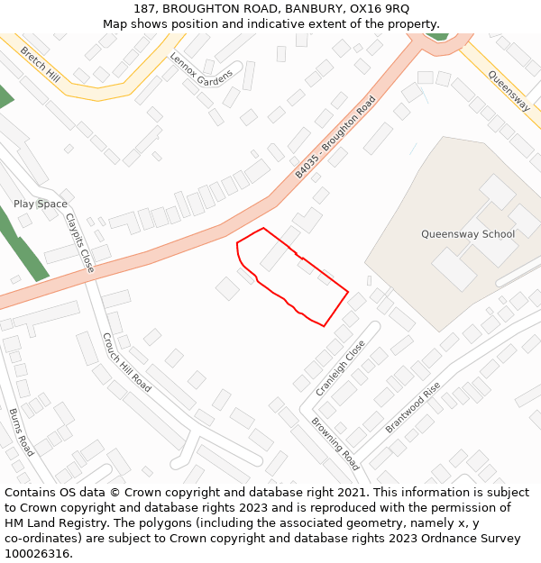 187, BROUGHTON ROAD, BANBURY, OX16 9RQ: Location map and indicative extent of plot