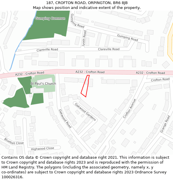 187, CROFTON ROAD, ORPINGTON, BR6 8JB: Location map and indicative extent of plot