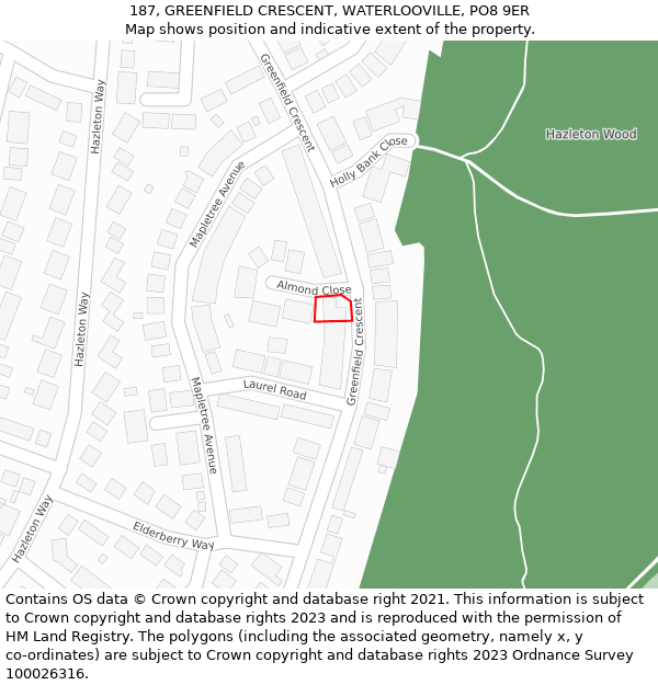 187, GREENFIELD CRESCENT, WATERLOOVILLE, PO8 9ER: Location map and indicative extent of plot