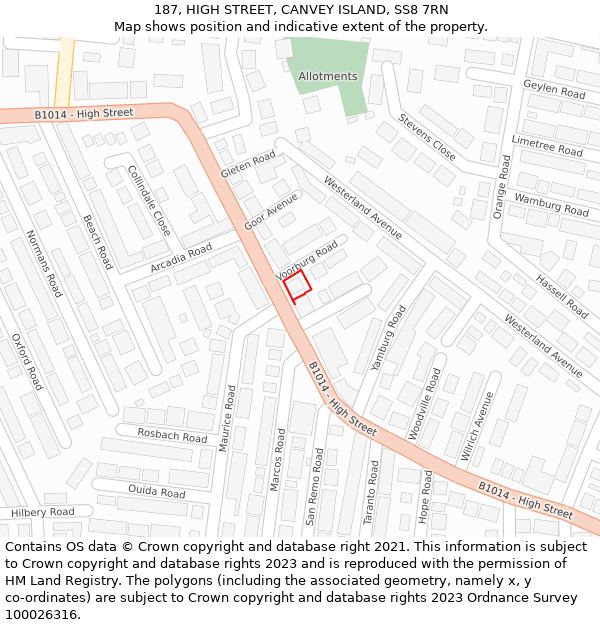 187, HIGH STREET, CANVEY ISLAND, SS8 7RN: Location map and indicative extent of plot