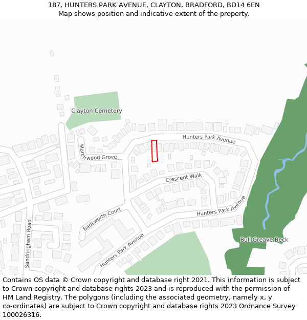 187, HUNTERS PARK AVENUE, CLAYTON, BRADFORD, BD14 6EN: Location map and indicative extent of plot