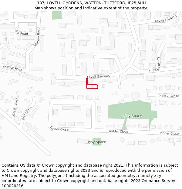 187, LOVELL GARDENS, WATTON, THETFORD, IP25 6UH: Location map and indicative extent of plot