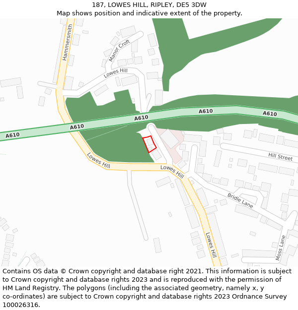 187, LOWES HILL, RIPLEY, DE5 3DW: Location map and indicative extent of plot