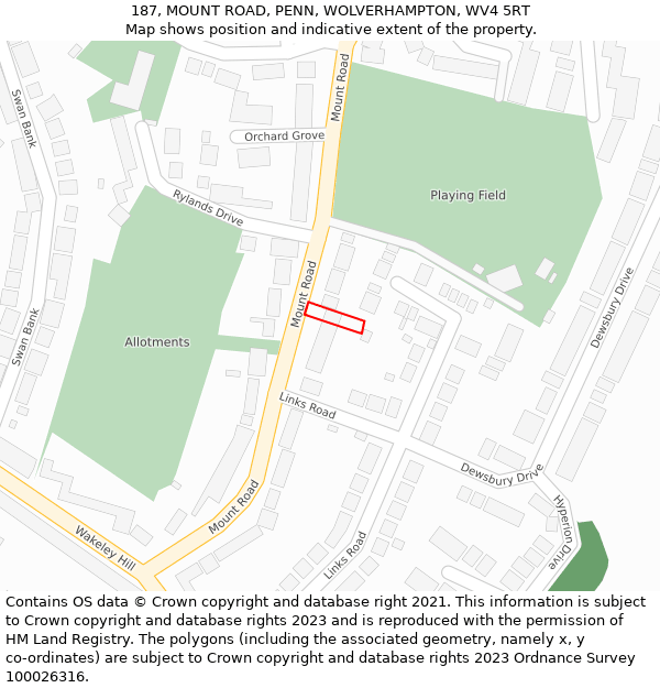 187, MOUNT ROAD, PENN, WOLVERHAMPTON, WV4 5RT: Location map and indicative extent of plot