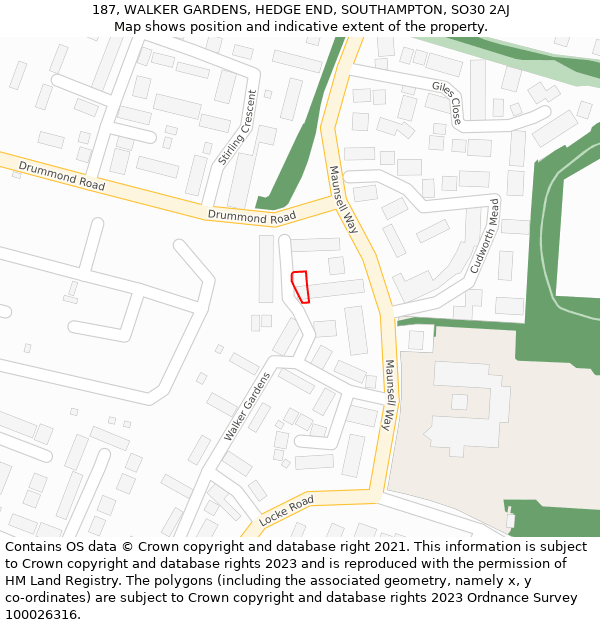 187, WALKER GARDENS, HEDGE END, SOUTHAMPTON, SO30 2AJ: Location map and indicative extent of plot