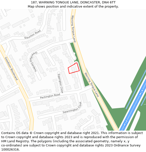 187, WARNING TONGUE LANE, DONCASTER, DN4 6TT: Location map and indicative extent of plot