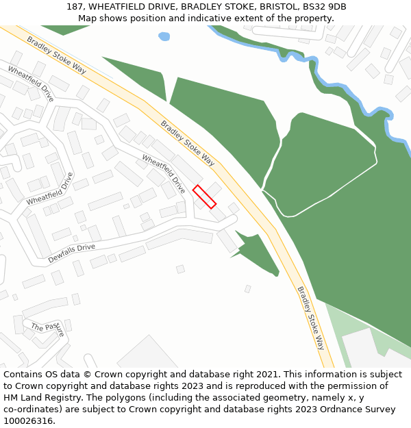 187, WHEATFIELD DRIVE, BRADLEY STOKE, BRISTOL, BS32 9DB: Location map and indicative extent of plot