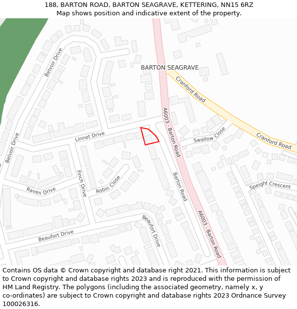 188, BARTON ROAD, BARTON SEAGRAVE, KETTERING, NN15 6RZ: Location map and indicative extent of plot