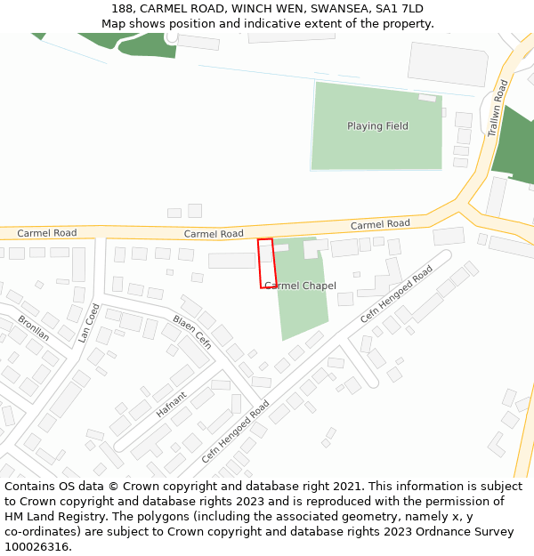 188, CARMEL ROAD, WINCH WEN, SWANSEA, SA1 7LD: Location map and indicative extent of plot