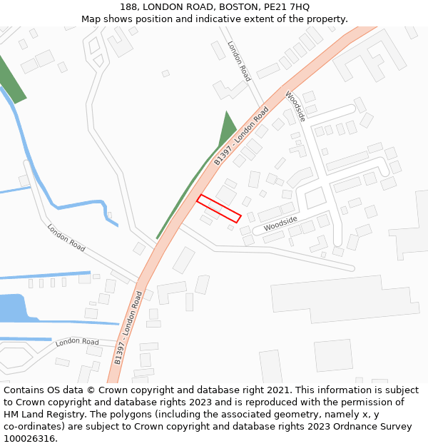 188, LONDON ROAD, BOSTON, PE21 7HQ: Location map and indicative extent of plot