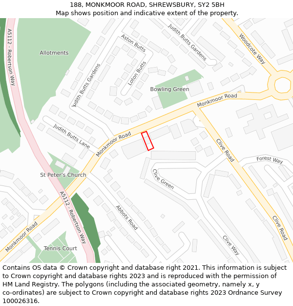 188, MONKMOOR ROAD, SHREWSBURY, SY2 5BH: Location map and indicative extent of plot