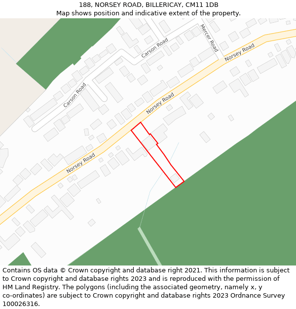 188, NORSEY ROAD, BILLERICAY, CM11 1DB: Location map and indicative extent of plot