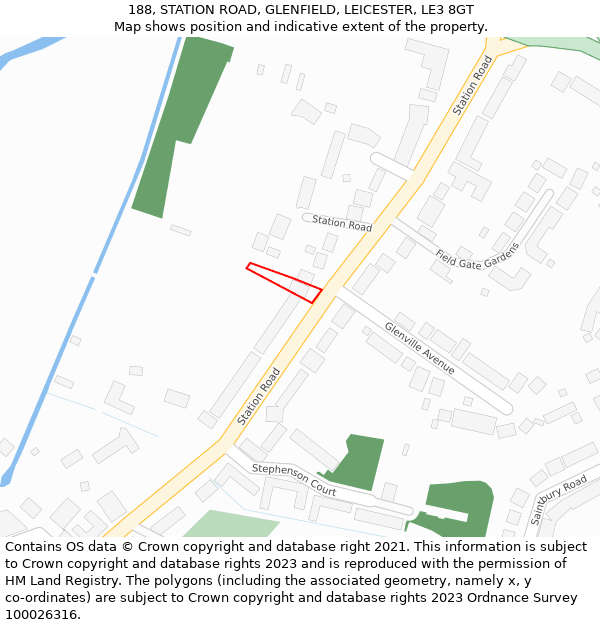 188, STATION ROAD, GLENFIELD, LEICESTER, LE3 8GT: Location map and indicative extent of plot