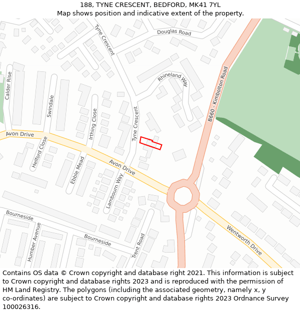 188, TYNE CRESCENT, BEDFORD, MK41 7YL: Location map and indicative extent of plot