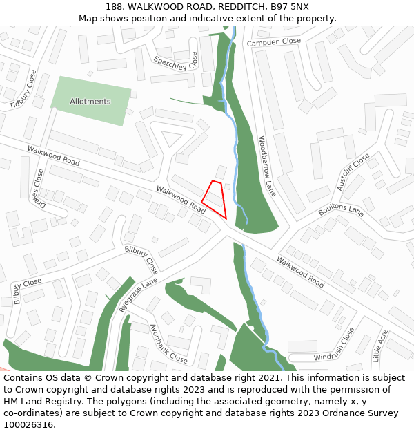 188, WALKWOOD ROAD, REDDITCH, B97 5NX: Location map and indicative extent of plot
