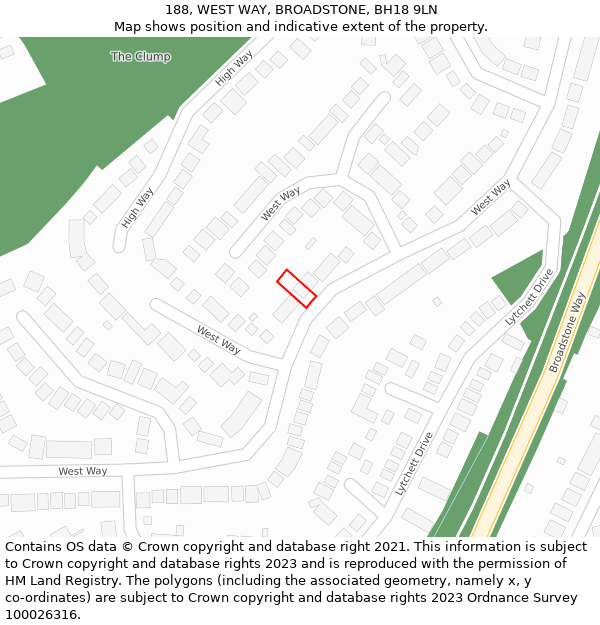 188, WEST WAY, BROADSTONE, BH18 9LN: Location map and indicative extent of plot