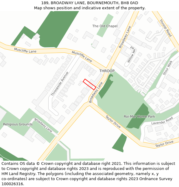 189, BROADWAY LANE, BOURNEMOUTH, BH8 0AD: Location map and indicative extent of plot