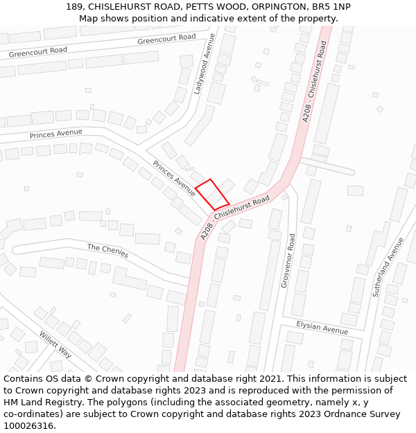 189, CHISLEHURST ROAD, PETTS WOOD, ORPINGTON, BR5 1NP: Location map and indicative extent of plot