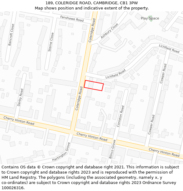 189, COLERIDGE ROAD, CAMBRIDGE, CB1 3PW: Location map and indicative extent of plot