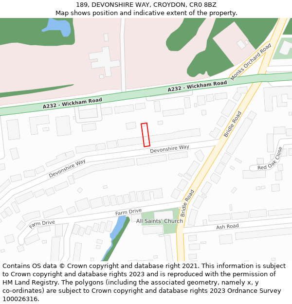 189, DEVONSHIRE WAY, CROYDON, CR0 8BZ: Location map and indicative extent of plot