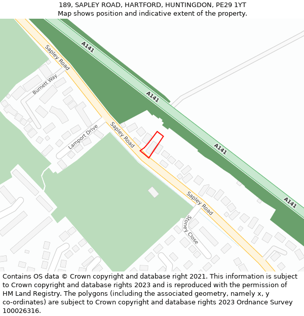 189, SAPLEY ROAD, HARTFORD, HUNTINGDON, PE29 1YT: Location map and indicative extent of plot