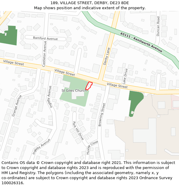 189, VILLAGE STREET, DERBY, DE23 8DE: Location map and indicative extent of plot