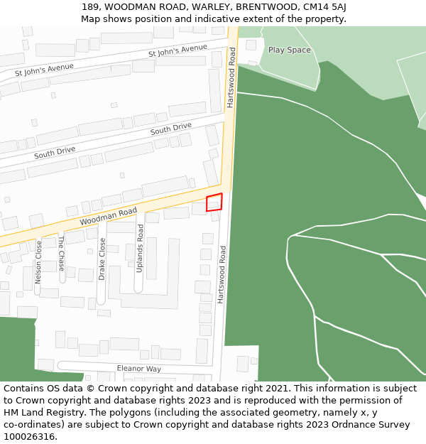 189, WOODMAN ROAD, WARLEY, BRENTWOOD, CM14 5AJ: Location map and indicative extent of plot