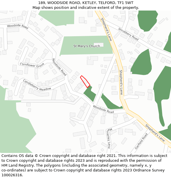 189, WOODSIDE ROAD, KETLEY, TELFORD, TF1 5WT: Location map and indicative extent of plot