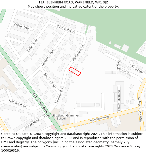 18A, BLENHEIM ROAD, WAKEFIELD, WF1 3JZ: Location map and indicative extent of plot