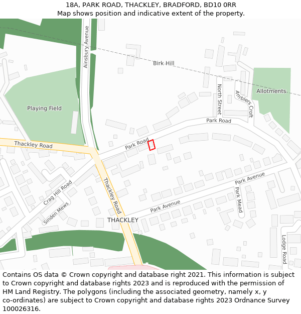 18A, PARK ROAD, THACKLEY, BRADFORD, BD10 0RR: Location map and indicative extent of plot