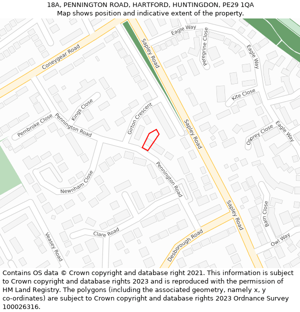 18A, PENNINGTON ROAD, HARTFORD, HUNTINGDON, PE29 1QA: Location map and indicative extent of plot