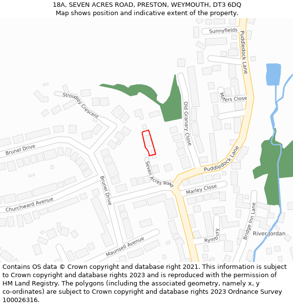 18A, SEVEN ACRES ROAD, PRESTON, WEYMOUTH, DT3 6DQ: Location map and indicative extent of plot